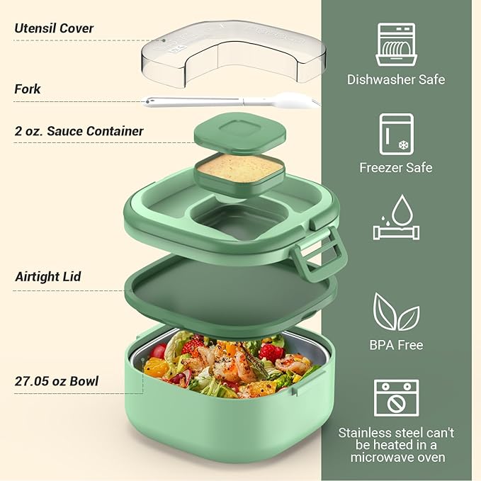 Single-Layer Bento Lunch Box for Kids & Adults with Removable Stainless Steel Lunch Container,Dressing Container,BPA-Free,Dishwasher Safe - Includes Utensil(Green,Not Insulated)