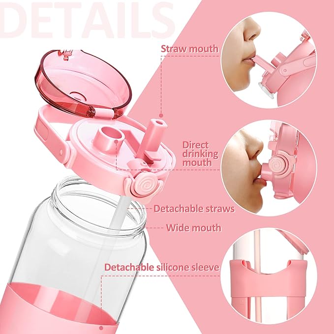 BLUEGO 64oz Glass Water Bottles with Straw Time Marker Half Gallon Large Motivational Water Bottle with Silicone Sleeve 2 Liter Large Glass Water Jug for Gym, Sports& Workout, Daily, Pink