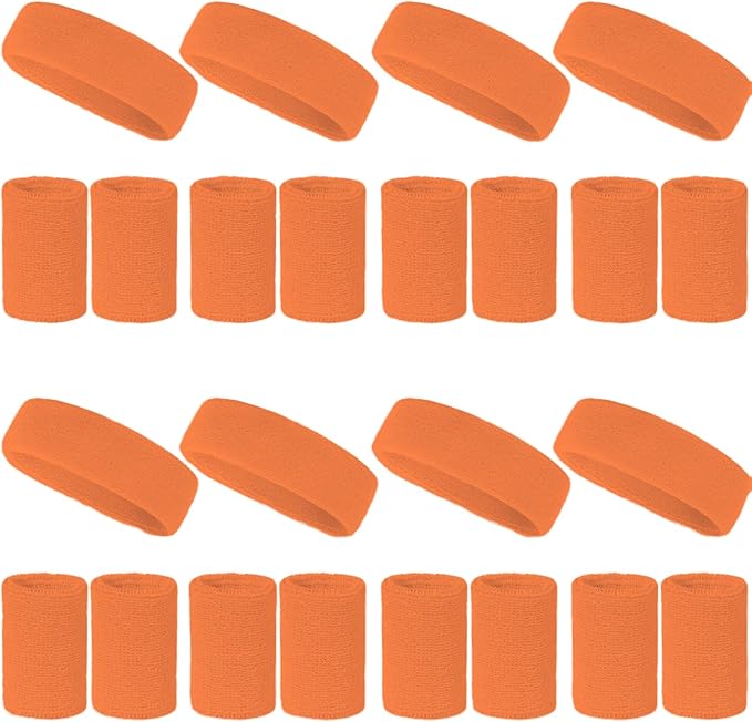 24 Pcs Neon Sweatbands Set Include 8 Pcs Sports Headband and 16 Pcs Cotton Wristbands 80s Neon Sweat Bands Bulk for Gym, Tennis, Basketball, Running, Exercise