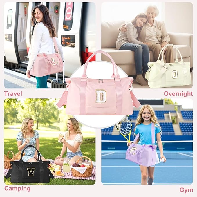 Dance Gym Duffel Bag for Teen Girls, Personalized Initial Travel Weekender Bag,Cute Overnight Carry On Duffle for Women,Sports Travel Cheer Bag,Monogram Christmas Gifts for Tween Preppy(pink-D)