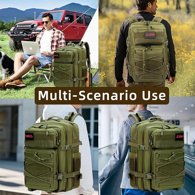 J.SH 45L Large Capacity 3-Day Tactical Backpack, Waterproof & Tear-Resistant, MOLLE System, Adjustable Straps (chest strap and waist strap), Hiking Backpack for Men & Women - Green