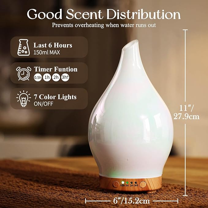 Porseme 150ml Essential Oil Diffuser Glass Color Changing Aroma Air Diffusers Aromatherapy Ultrasonic Cool Mist Humidifier 6 Running Hours Waterless Auto-Off for Sleeping Yoga Office Spa (White Jade)