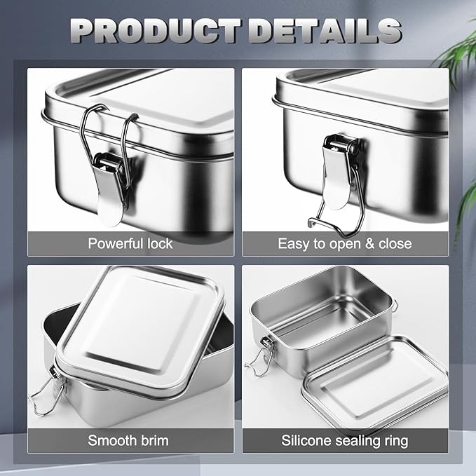 Umigy 4 Pcs Stainless Steel Food Containers Metal Bento Lunch Box Stainless Steel Food Storage Containers, Lockable Clips to Leak Proof, Reusable Dishwasher Snack Boxes for Work (1000ml)