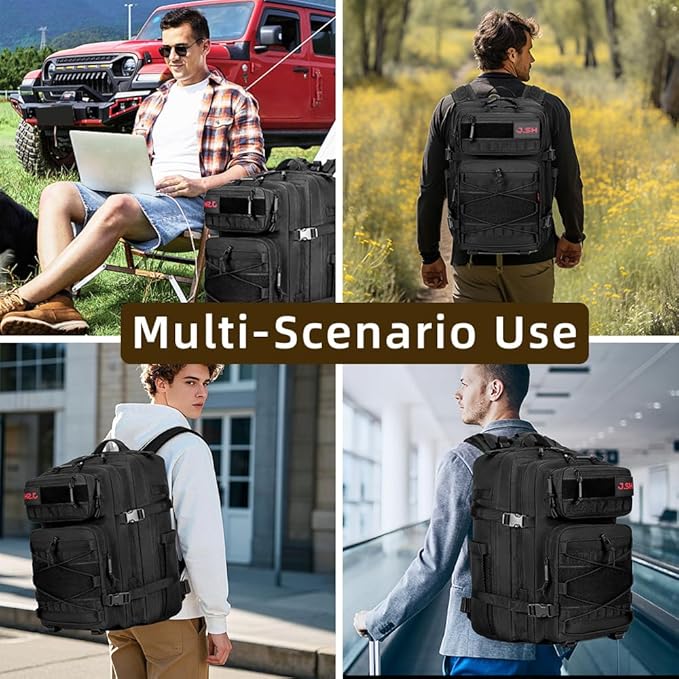 J.SH 45L Large Capacity 3-Day Tactical Backpack, Waterproof & Tear-Resistant, MOLLE System, Adjustable Straps (chest strap and waist strap), Hiking Backpack for Men & Women - Black
