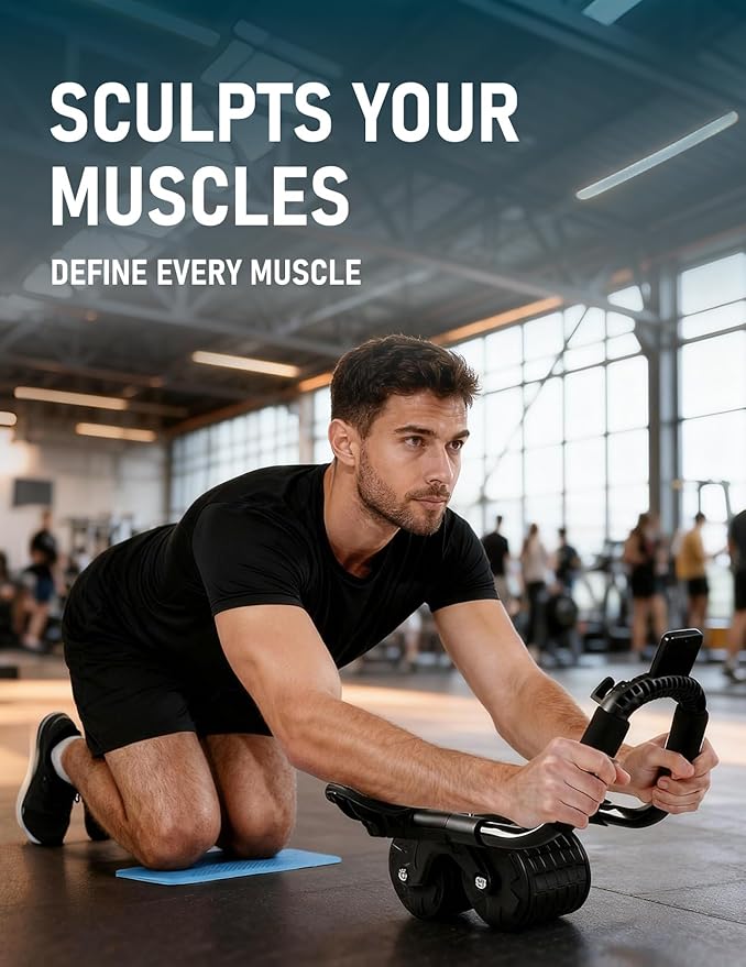 Ab Roller Wheel with Timer & Knee Mat, Home Workout Auto Rebound Abdominal Wheel with Elbow Support - Core Workout Equipment for Strengthening Abs, Home Gym Exercise for Women & Men