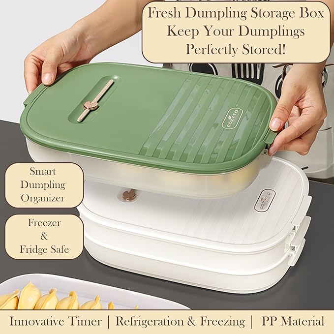 4-Layer Dumpling Storage Container – Freezer Organizer with Smart Timer, Good Sealing, Stackable Food Containers, Anti-Stick Base & Clip Lid (Green Lid & Transparent Box)