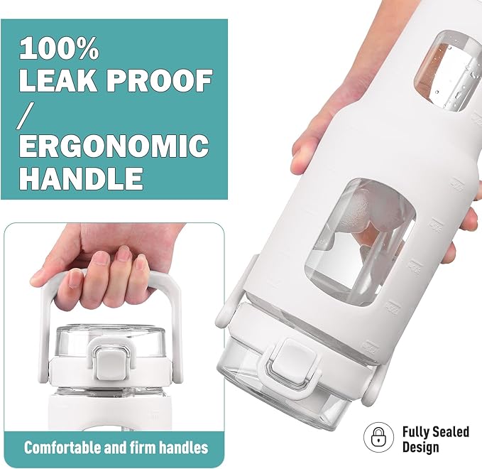 BLUEGO 40oz Glass Tumbler with Lid and Straw, Glass Water Bottles with Handle, Glass Cup with Time Marker and Silicone Sleeve, Fits Most Cup Holder, Leak-proof, White