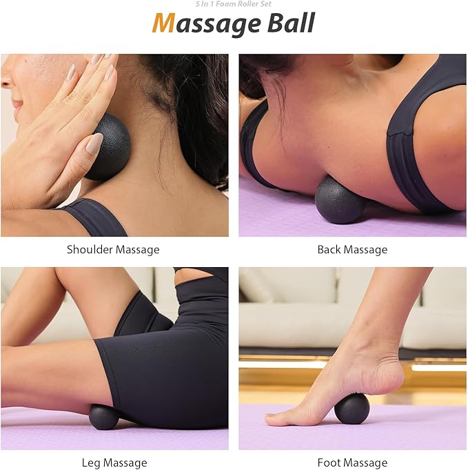 5 in 1 Foam Roller Set - Trigger Point Foam Back Roller, Muscle Roller Stick, Massage Ball, Stretching Band for Deep Muscle Massage Pilates Yoga,Fitness Exercise for Whole Body Release (Pure Black)