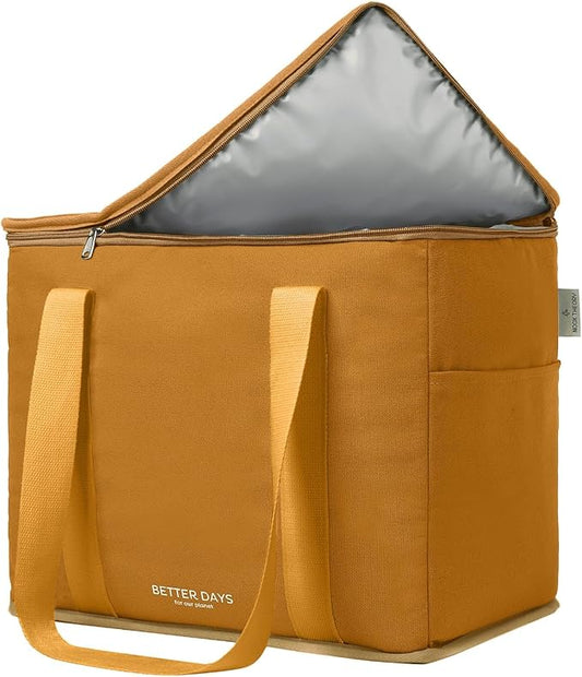 Reusable Insulated Grocery Bag - Leak Proof, X Large Insulated Cooler Bag - Insulated Shopping Bags for Groceries - Travel Cooler Bag for Frozen and Hot Food with Zippered Top (Caramel)