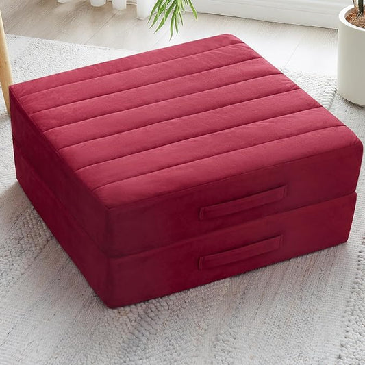 2 Pcs High Density Foam Floor Pillow - Upgraded Large Pillows Seating for Adults - Outdoor Floor Cushion with Soft Tufted Cover - Yoga Pillows for Sitting On Floor - 22 Inch Burgundy