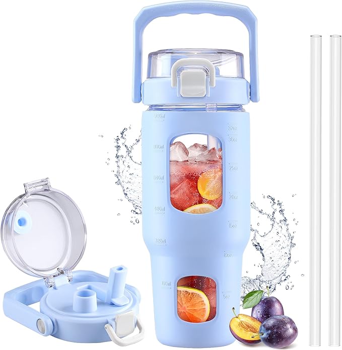 BLUEGO 32oz Glass Tumbler with Lid and Handle, Iced Coffee Cup with Straws, Glass Water Bottle with Silicone Sleeve and Volume, Marker Glass Cup with Time Marking, BPA Free, Blue