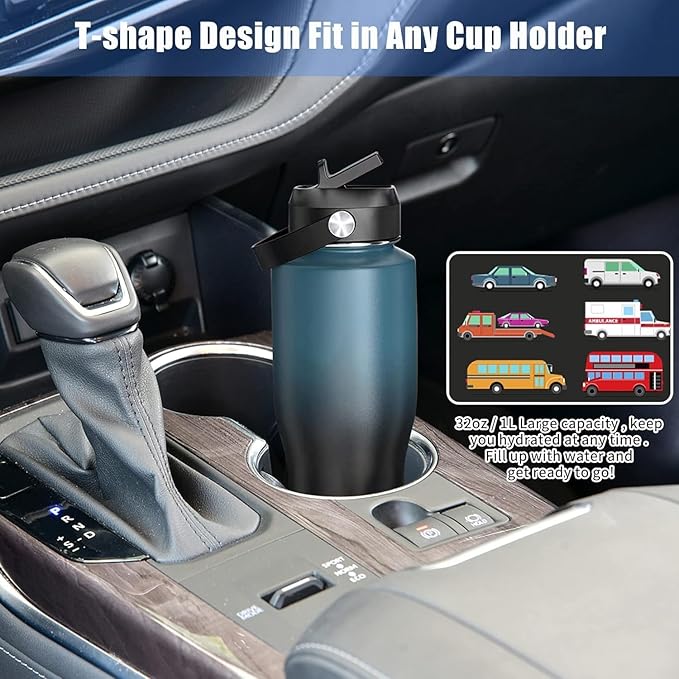 HYDROWION Water Bottle Stainless Steel,Vacuum Insulated Leak Proof Tumbler 32oz with Straw Lid, Spout Lid and Flex Cap(Cold for 48 Hrs, Hot for 24 Hrs), Fit in Any Car Cup Holder, Laser Grey