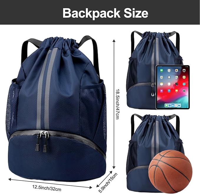 Hoedia Sports Drawstring Backpack - String Swim Gym Bag with Shoes Compartment and Wet Proof Pocket for Women/Men (Navy Blue)