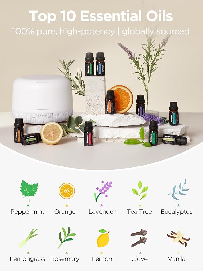 InnoGear Aromatherapy Diffuser & 10 Essential Oils Set, 500ml Essential Oil Diffuser with Remote Control Ultrasonic Cool Mist Scent Humidifier Vaporizer Auto-Off Timer for Room Office Home, White