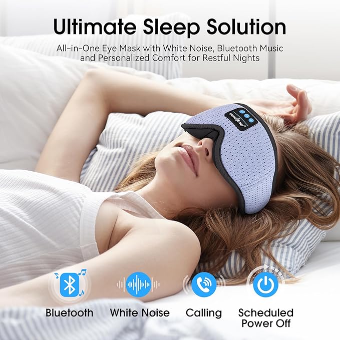 MUSICOZY White Noise Sleep Mask Headphones with 16 Soothing Sounds, Bluetooth Sleep Mask 3D Wireless Music Sleeping Headphones for Side Sleeper