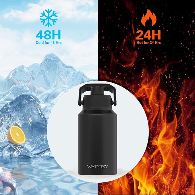 2/3 Gallon Water Bottle Insulated(Cold for 48 Hrs),BPA Free&Leak Proof,87oz Stainless Steel Water Jug/Flask,Big thermo,Large Water Bottle with Handle for Gym,Hiking,Camping,Black