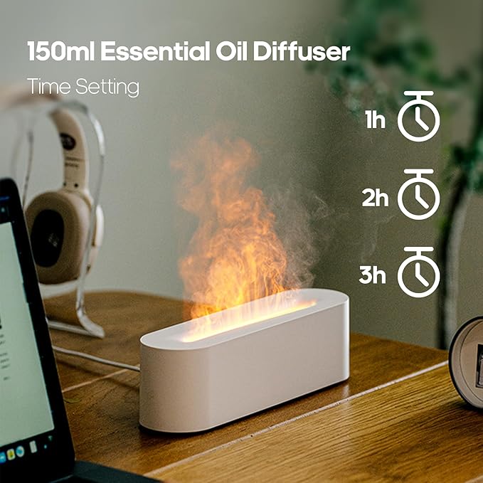 Essential Oil Air Diffuser Flame Colorful Water Vapor Fire Fireplace Humidifier for Aromatherapy Aroma Therapy Machine Room Bedroom,Flame Diffuser for Essential Oils,White