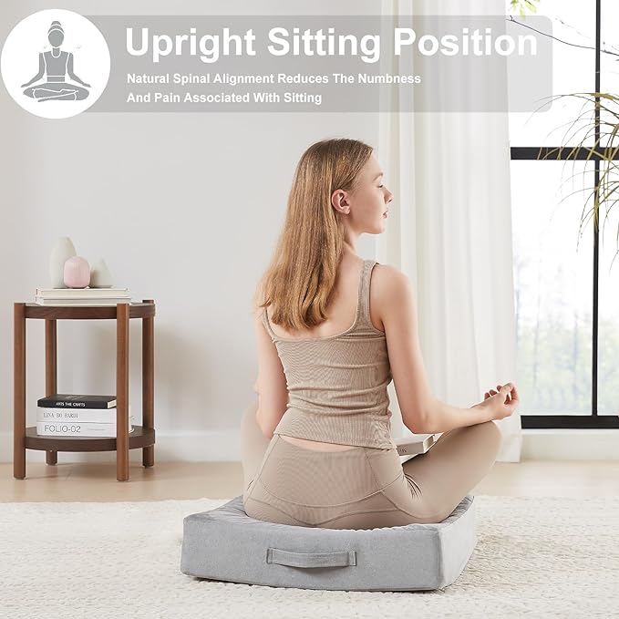 JKMAX 2 Pcs High Density Foam Floor Pillow - Upgraded Large Pillows Seating for Adults - Outdoor Floor Cushion with Soft Tufted Cover - Yoga Pillows for Sitting On Floor - 22 Inch Light Gray