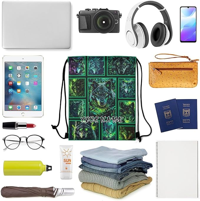 Custom Wolf Drawstring Backpack - Cute Cinch Sack, String Backpacks for Women Men Kids Boys Girls for Gym Outdoor Sports Travel Athletic Drawstring Bag - Lightweight/Foldable