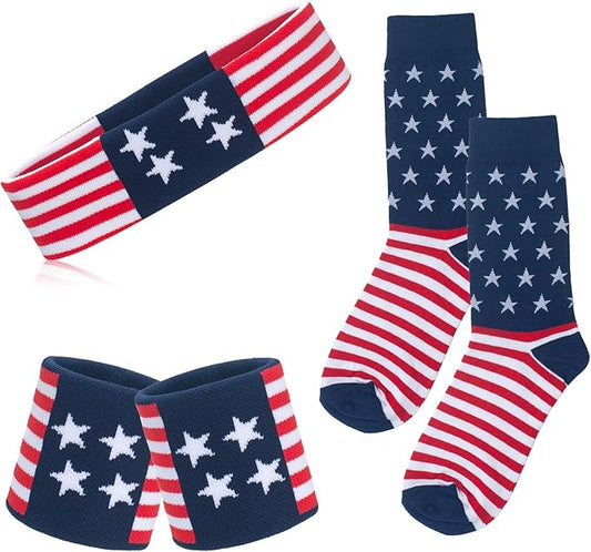 ONUPGO 5 Pieces Sweatbands Striped Socks Set Sports Headband Wristbands High Tube Socks 80s Accessories Costumes