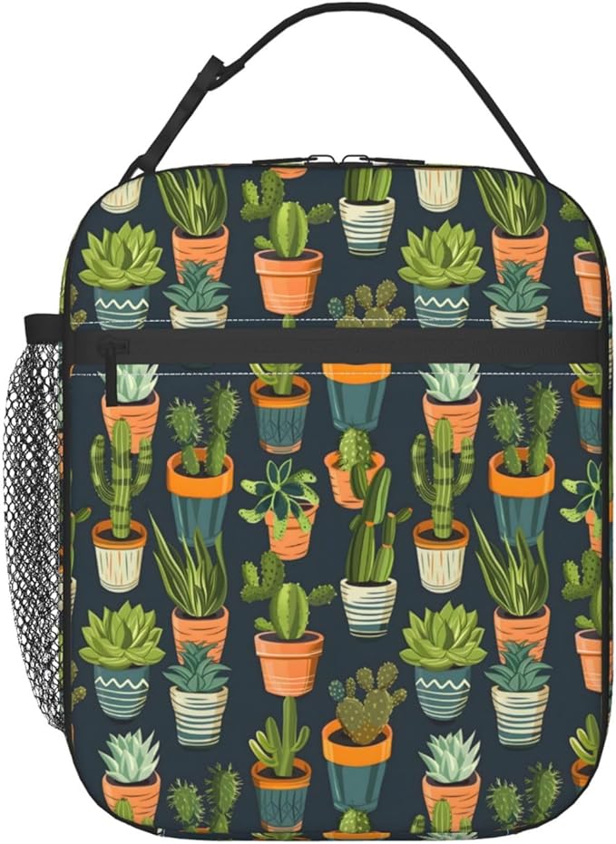 Cactus Lunch Box for Women Adults Kids, Insulated Cooler Lunch Bag for Picnic, School, Office, Travel, Work, Portable Reusable Polyester Tote Thermal Lunch Bags (Potted Cactus)