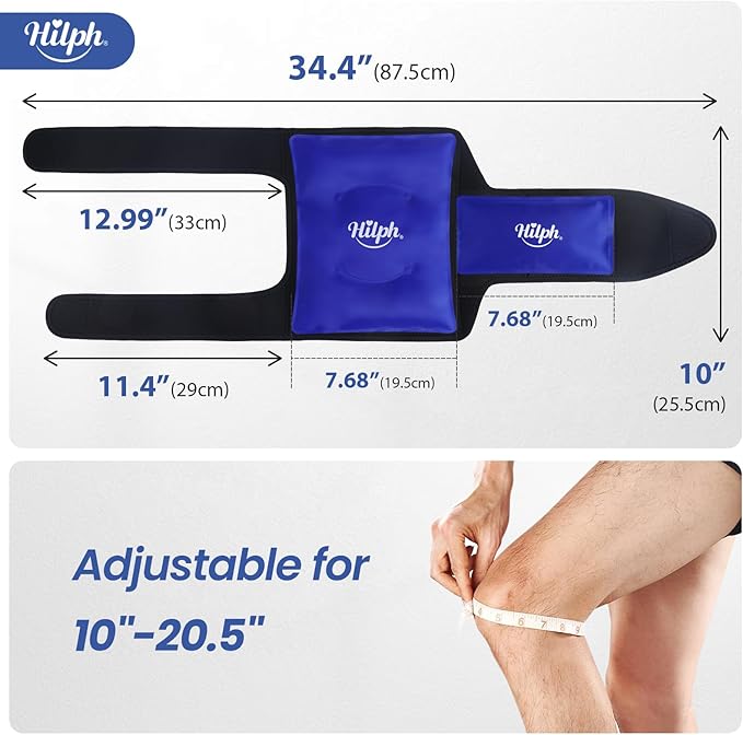 Hilph Knee Ice Pack Wrap, Reusable Adjustable Brace with 2 Gel Hot Cold Packs Around Entire Knee for Pain Relief, Replacement Surgery & Meniscus Tear, ACL, Arthritis, Swelling, Blue