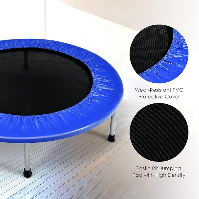 GYMAX Rebounder Trampoline for Adults, Mini Exercise Trampoline with Safety Pad, Foldable Rebounding Fitness Trampoline for Indoor/Outdoor, Small Workout Trampoline for Adults (Blue)