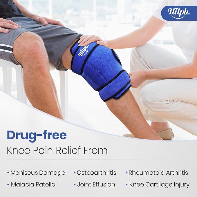 Hilph Knee Ice Pack Wrap, Reusable Adjustable Brace with 2 Gel Hot Cold Packs Around Entire Knee for Pain Relief, Replacement Surgery & Meniscus Tear, ACL, Arthritis, Swelling, Blue