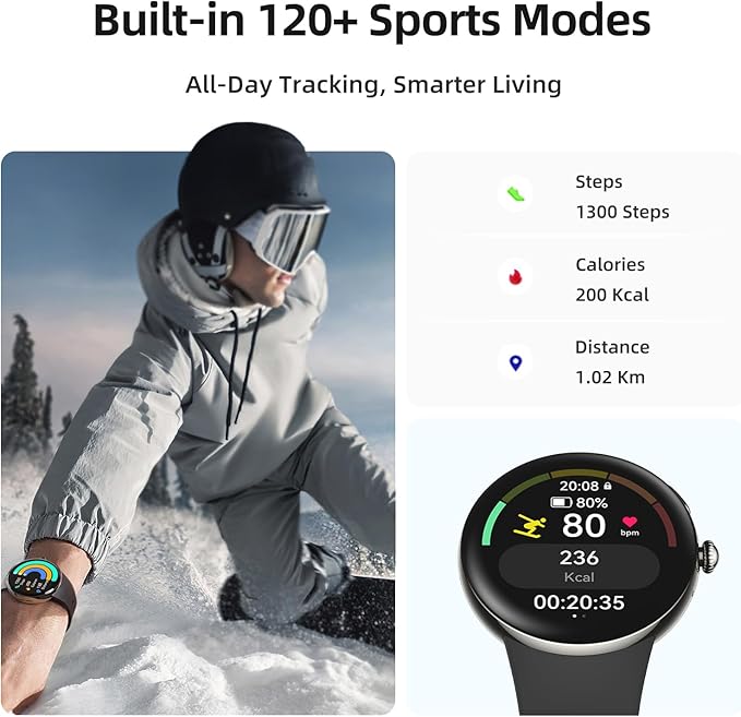 Parsonver AMOLED Smart Watch for Men Women, Always-On Display Fitness Tracker, Answer/Make Calls, 2 Quick-Release Bands, Heart Rate Sleep Monitor, 120+ Sports Modes Pedometer for Android iPhone, Black