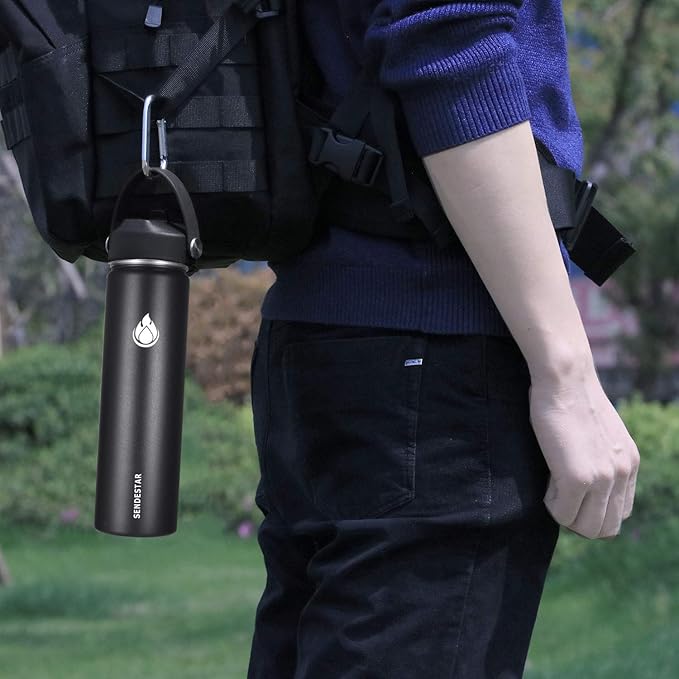 SENDESTAR Insulated Water Bottle 24 OZ, Wide Mouth 24 oz Water Bottle with Straw Lid, Spout Lid, Double Wall Vacuum Stainless Steel Leak Proof, Keeps Liquids Hot or Cold (Black)