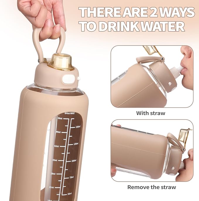 SIEROZUR 64 oz Glass Sports Water Bottle with Straw and Handle, Motivational Time Marker, Leakproof, Gym, Travel