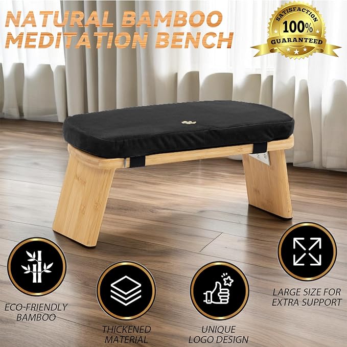 Meditation Bench, Bamboo Meditation Stool, Folding Kneeling Meditation Bench, Seiza Prayer Bench, Prayer Bench with Meditation Cushion, Kneeling Stool (Black & Bag)