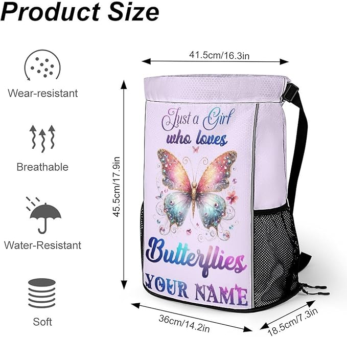 Custom Butterfly Drawstring Backpack - Cute Cinch Sack, String Backpacks with Pocket for Kids Boys Girls Women Men for Gym Outdoor Sports Travel Athletic Drawstring Bag - Lightweight/Foldable