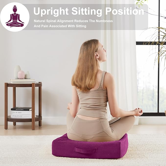 2 Pcs High Density Foam Floor Pillow - Upgraded Large Pillows Seating for Adults - Outdoor Floor Cushion with Soft Tufted Cover - Yoga Pillows for Sitting On Floor - 22 Inch Purple