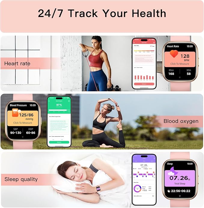 Smart Watches for Women, 1.85" Fitness Watch Answer/Make Calls, Fitness Tracker with Pedometer/Calories, 24/7Heart Rate/SpO2/Sleep Tracker, Waterproof Smart Watch for Android iPhone(2 Straps)