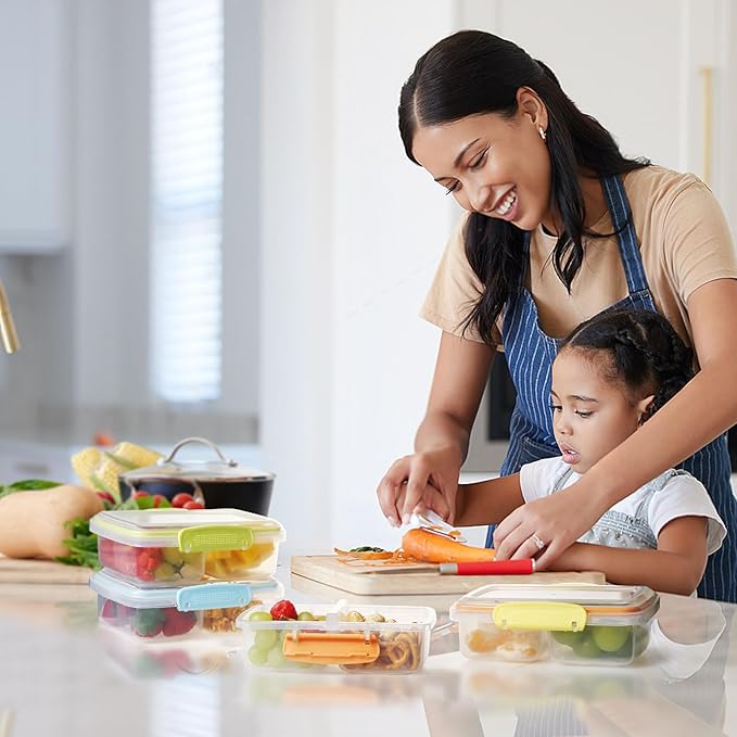 4 Pack Plastic Snack Containers with Lids, 2 Compartment Food Container for Kids Snack Box, Travel Bento Lunch Containers with forks for Fruits/Candies, Divided Food Storage Containers for School