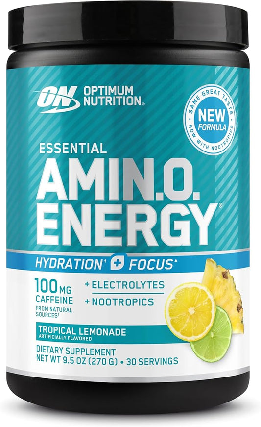 Optimum Nutrition Amino Energy Powder Plus Focus, with BCAA, Electrolytes, and Caffeine, Tropical Lemonade, 30 Servings (Packaging May Vary)