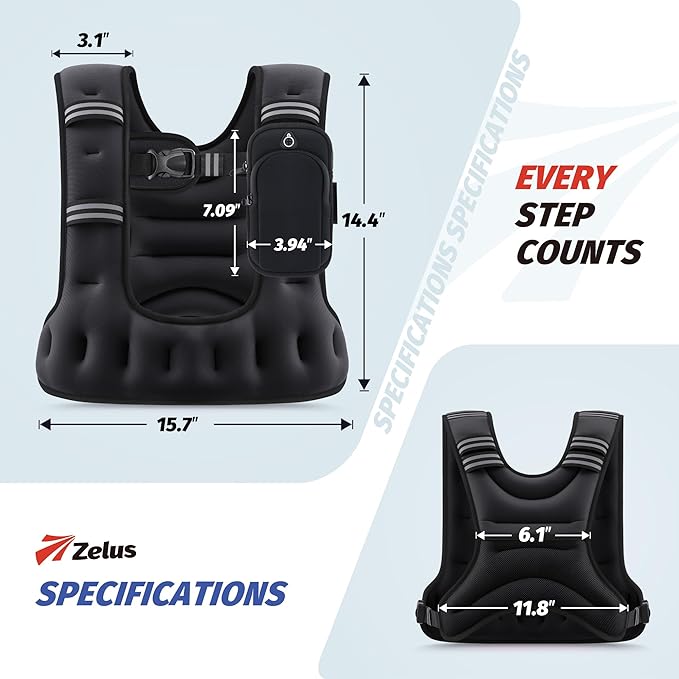 ZELUS Weighted Vest for Women Men, 6/8/12/16/20lb Weight Vest with Arm Pouch Reflective Strips, U-Shaped Rucking Vest for Strength Training Muscle Building, Walking Running Vest for Fitness