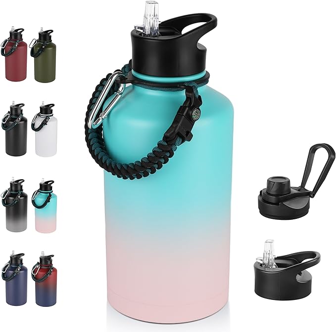 64 oz Insulated Water Bottle with Straw & Spout Lids, Stainless Steel Metal Half Gallon Water Jug with Paracord Handle, Double Wall Vacuum, Leakproof, Keep Drinks Cold & Hot, Pink Blue Gradient