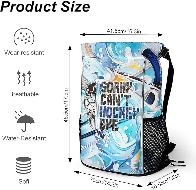 Hockey Drawstring Backpack - Cool Cinch Sack, String Backpacks with Pocket for Kids Women Men Boys Girls for Gym Outdoor Sports Travel Athletic Drawstring Bag - Lightweight/Foldable