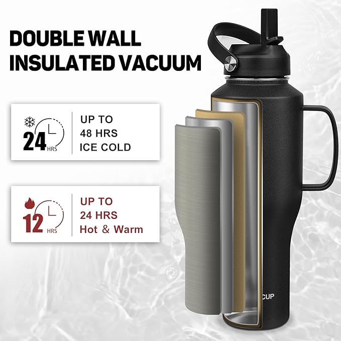 Water Bottle 40oz, Insulated Water Bottle with Handle & Straw Lids, Stainless Steel Water Bottles Fits in Any Car Cup Holder, Travel Cup Double Wall BPA-Free Leak-proof to Keep Cold &Hot