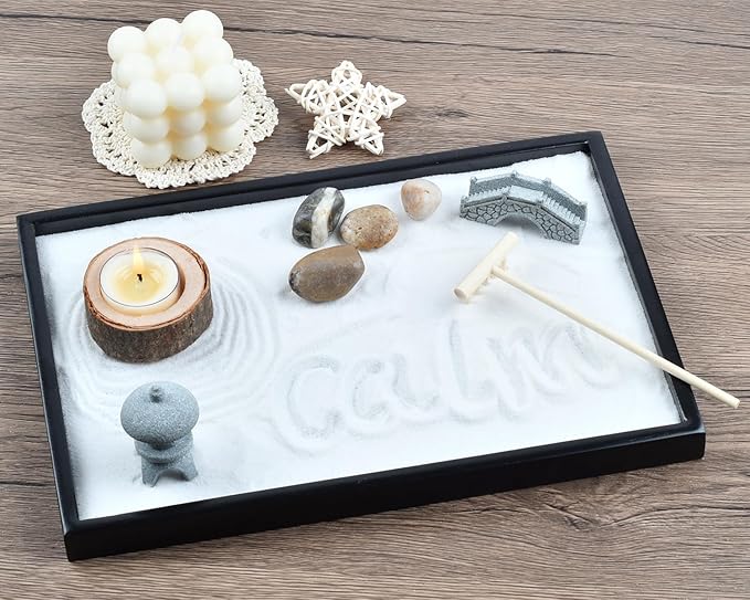 Calming Zen Garden, Zen Gift Set for Desk Office Decor Stress Relief Relaxation Gift Stone Zen Garden Kit for Home Meditation Mindfulness Gifts