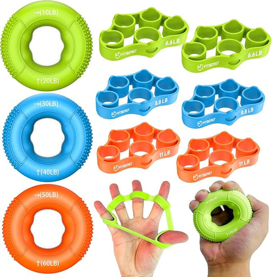 FitBeast Grip Strength Trainer, Finger Exerciser, Forearm Strengthener 9-Piece Kit, Hand Grip Strengthener Targeted Strength, Relief & Recovery