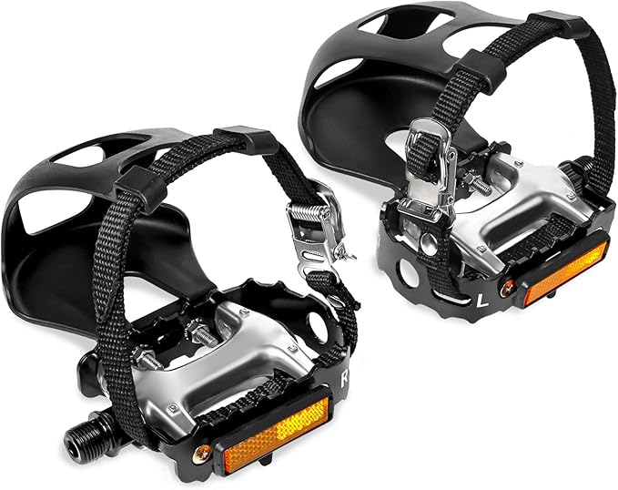 Bucklos Bike Pedals with Toe Cages and Straps - Bicycle Toe Clips Cage Compatible with Road Bike/Peloton/Mountian Bikes/MTB - Toe Clip Pedal for Wide Shoes Indoor Outdoor Cycling