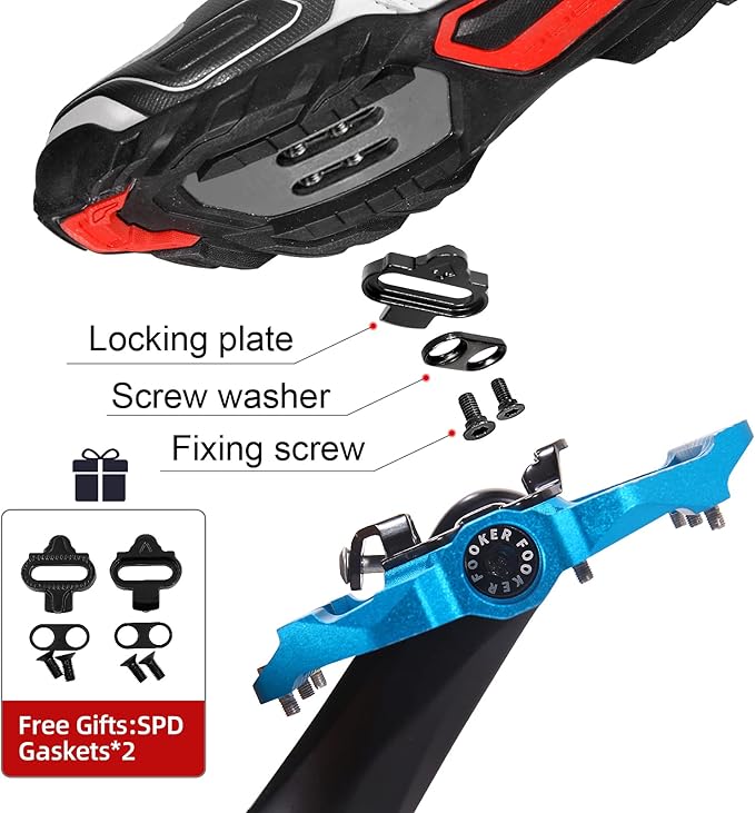 FOOKER MTB Mountain Bike Pedals 3 Bearing Flat Platform Compatible with Dual Function Sealed Clipless Aluminum 9/16" Pedals with Cleats for Road