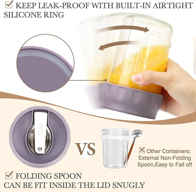 SOLIGT 2 Pack Overnight Oats Containers with Lids, Folding Spoons and Divided Compartments for Fruit & Nuts, Small Glass 16oz Mason Jars for Oatmeal Yogurt Parfait