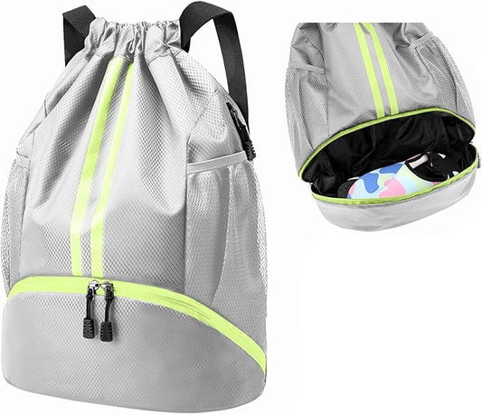 Hoedia Sports Drawstring Backpack - String Swim Gym Bag with Shoes Compartment and Wet Proof Pocket for Women and Men
