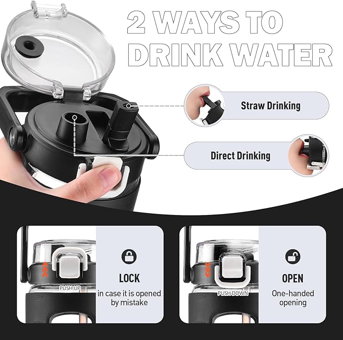 BLUEGO 40 oz Glass Water Bottle with Straw, Leakproof Glass Drinking Bottle with Time Marker and Silicone Sleeve, Wide Mouth Water Bottle for Travel, Gym, Workout, Black