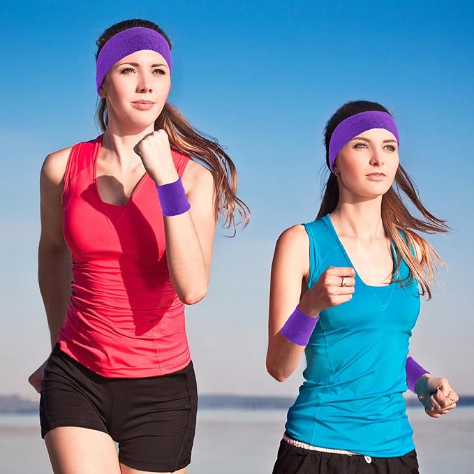 24 Pieces 80s Neon Sweatbands Set, Include 8 Sports Headbands and 16 Sweat Wristbands Elastic Athletic Tennis Sweat Bands Bulk for Man Woman