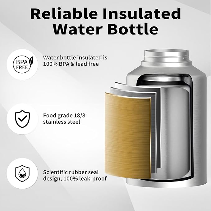 Half Gallon Water Bottle Insulated(Cold for 48 Hrs),BPA Free&Leak Proof,64oz Stainless Steel Water Jug/Flask,Big thermo,Large Water Bottle with Handle for Gym,Hiking,Camping,Stainless